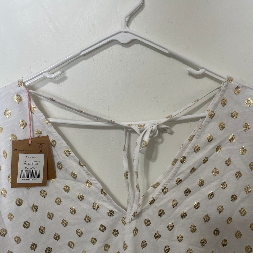 Boden White Gold Metallic Foil Print Tie Back Top Slub US 20-22 NWT - Picture 6 of 7